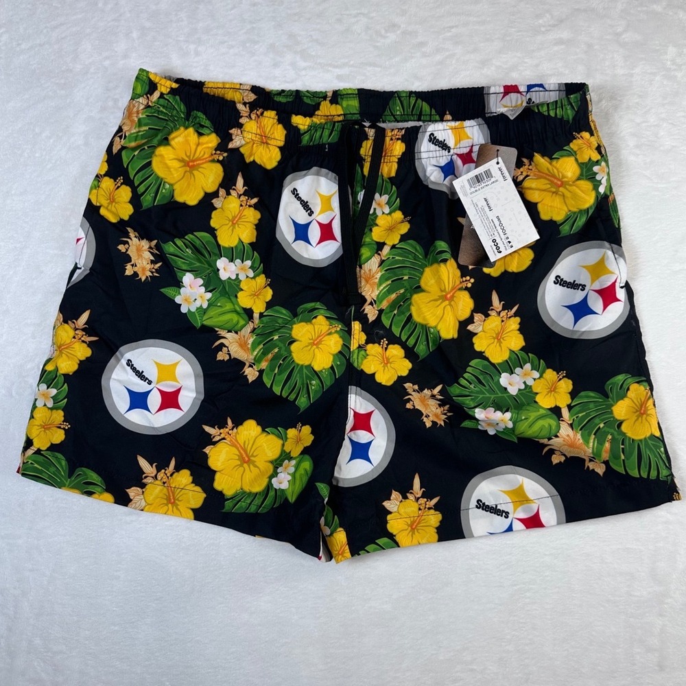 NFL Pittsburgh Steelers FOCO Mens 2XL Floral Tropical Swim Trunks Black NWT